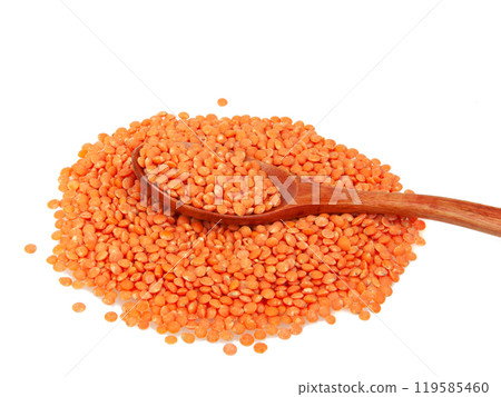 Red lentil in wooden spoon isolated on the white background Red lentil in wooden spoon isolated on the white background 119585460