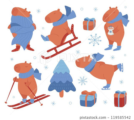 Set of funny capybaras in winter activity. 119585542