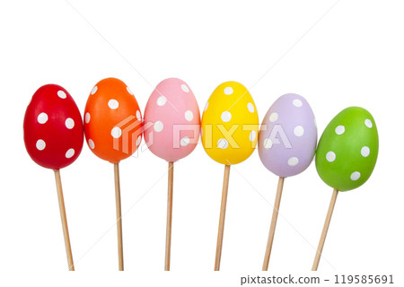 Multicolored easter eggs in dots isolated on the white background 119585691