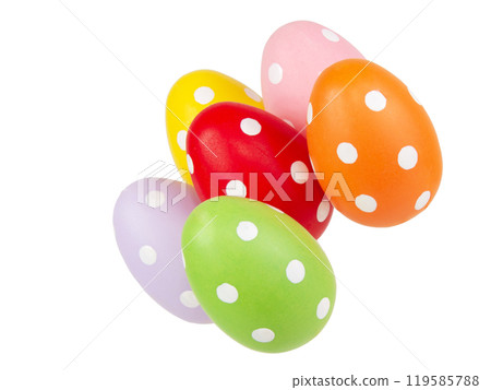 Multicolored easter eggs decorated dots in basket isolated on the white background 119585788
