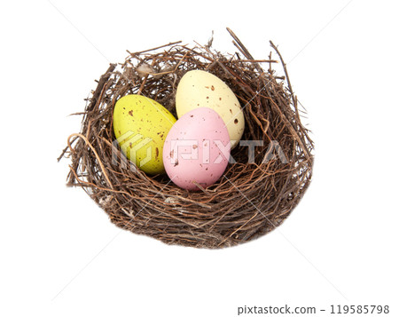 Colorful eggs in wooden bird nest isolated on the white background Colorful eggs in wooden bird nest isolated on the white background 119585798