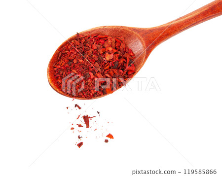Dried tomato and paprika spice in wooden spoon isolated on the white background 119585866