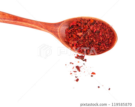 Dried tomato and paprika spice in wooden spoon isolated on the white background 119585870
