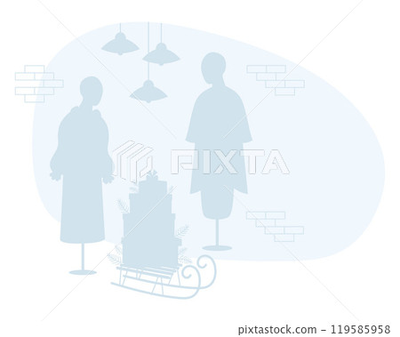 Interior Christmas store with brickwork, female mannequins in dress and sleigh with New Year gift boxes. Silhouette drawing with empty space for text. Vector illustration. Holiday purchase concept. 119585958