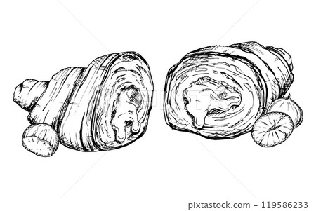 A detailed hand-drawn vector illustration of a croissant cut in half with hazelnuts. Black and white sketch showing the flaky layers of the pastry and nuts. Perfect for bakery, food, culinary designs 119586233