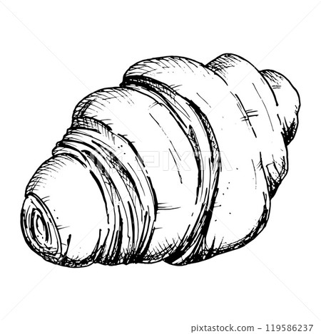 A detailed hand-drawn sketch of a croissant. Vector black and white illustration of a flaky, layered French pastry. Perfect for bakery, breakfast, or food-related designs and packaging concepts. 119586237