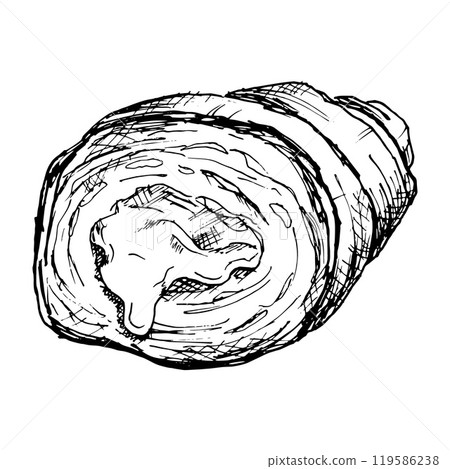 A hand-drawn illustration of a croissant slice, showcasing the layers of the pastry. Black and white vector sketch, ideal for bakery, food design, and culinary projects related to French cuisine 119586238