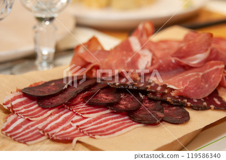 Set of meat cold cuts on wooden table Set of meat cold cuts on wooden table 119586340