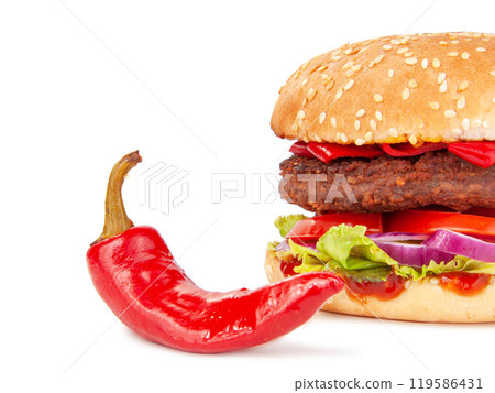Tasty burger with pepper chilli isolated on the white Tasty burger with pepper chilli isolated on the white 119586431