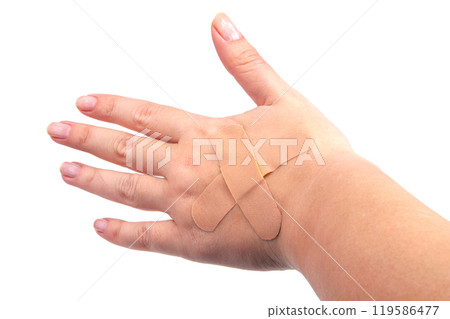 Medical patch plaster on hand isolated on the white Medical patch plaster on hand isolated on the white 119586477