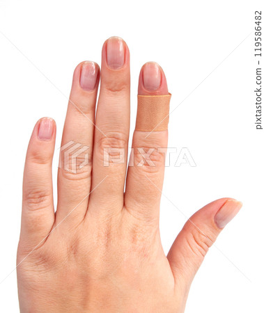 Medical patch plaster on hand isolated on the white 119586482