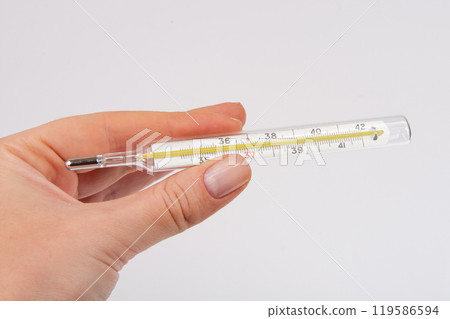 Medcine glass thermometer in hand on white Medcine glass thermometer in hand on white 119586594