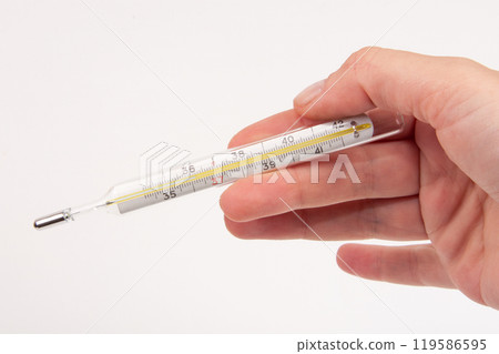 Medcine glass thermometer in hand on white Medcine glass thermometer in hand on white 119586595