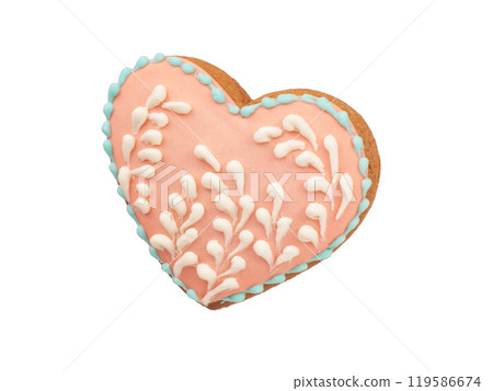 Decorative homemade gingerbread heart isolated on the white Decorative homemade gingerbread heart isolated on the white 119586674