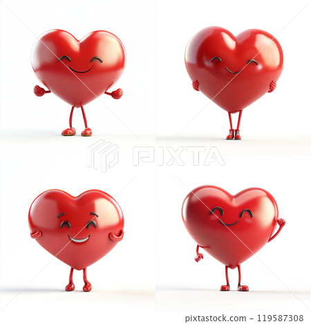 3D Cartoon Cute Funny Heart Isolated on White Background 119587308