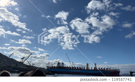 A ship floating in the blue sky 119587741