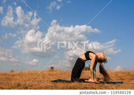 Woman Doing Yoga Class Outdoors in Morning 119588139
