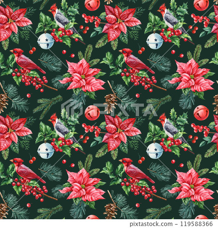 Watercolor Christmas seamless pattern with red cardinal birds, poinsettia flowers, holly leaves, pine branches, festive Watercolor Christmas seamless pattern with red cardinal birds, poinsettia flowers, holly leaves, pine branches, festive 119588366