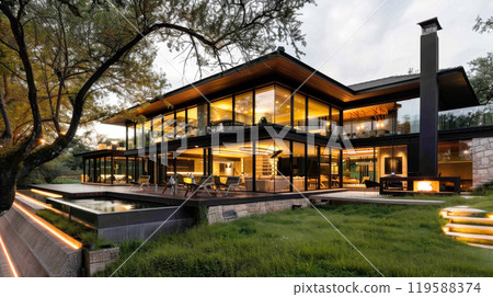 Modern glass house with open interior design and ambient lighting at dusk 119588374