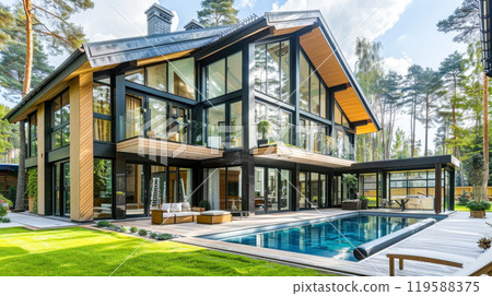 Modern luxury glass house with pool and wood accents in forest setting. Country house in eco-friendly place 119588375
