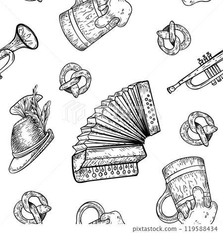 Oktoberfest vector black white seamless pattern isolated. Accordion, trumpet, wooden beer barrel, German hat and pretzel painted engraving. Beer festival on repeated background for design paper. 119588434