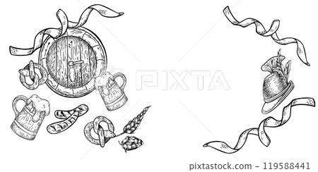 Beer festival banner black white vector isolated. Wooden barrel, tankard beer, pretzel monochrome illustration. German hat, ribbon, wheat ear hand drawn engrave. Board for Oktoberfest, St Patrick day. 119588441