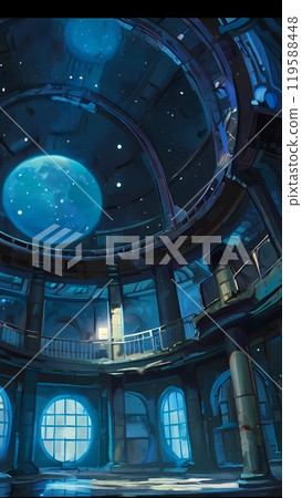 Vertical illustration background: Abandoned interior of a sci-fi future lunar dome base 119588448