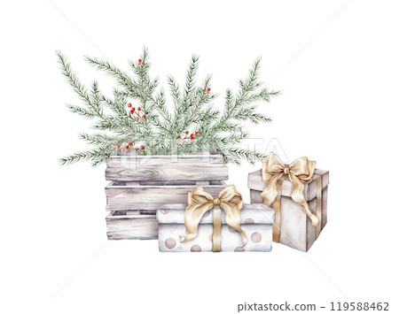 Watercolor Christmas tree branch in box made of white gray with red berry ilex or holy and gift box with golden bow. Hand painted fir-needle illustration on isolated background. 119588462