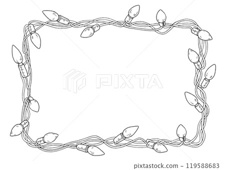 Christmas light garland frame border with festive bulbs. Hand drawn vector black illustration on white background. Ideal for holiday cards and printable coloring pages. Classic xmas decor design 119588683
