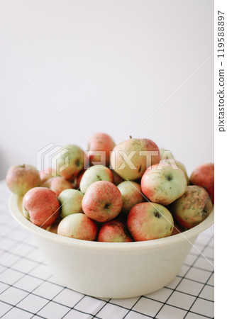 hello autumn card with fresh red apples on white background top view hello autumn card with fresh red apples on white background top view 119588897