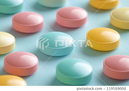 Colorful round candy pieces arranged on a light blue surface in a playful pattern Colorful round candy pieces arranged on a light blue surface in a playful pattern 119589008