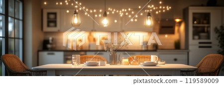 Cozy dining area with warm lights and decor enhancing an inviting kitchen atmosphere 119589009