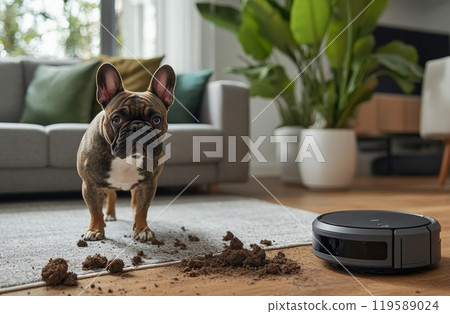 A curious French Bulldog observes a robotic vacuum cleaning dirt on a living room floor 119589024