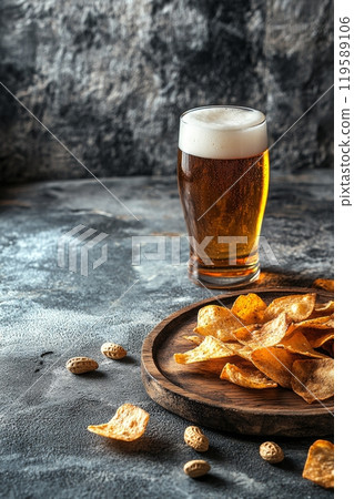 Refreshing beer and crispy snacks on a rustic table at a casual gathering 119589106
