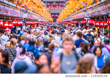 Tokyo cityscape, Japan. Sensoji Temple crowded with foreign tourists. The number of people is higher than before the COVID-19 pandemic. October 24th. 119589138