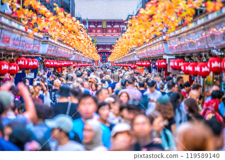 Tokyo cityscape, Japan. Sensoji Temple crowded with foreign tourists. The number of people is higher than before the COVID-19 pandemic. October 24th. 119589140