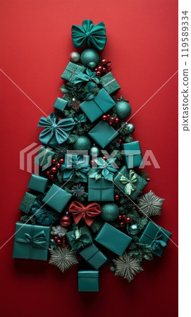 Creative arrangement of wrapped presents forming a Christmas tree against a red background 119589334