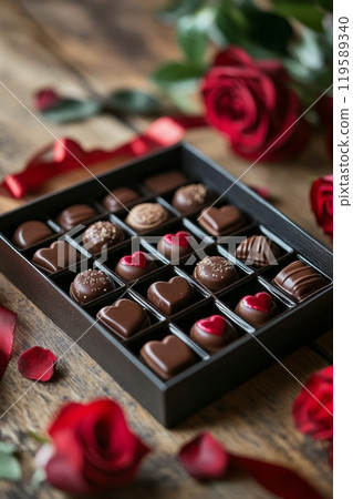 A beautifully arranged box of assorted chocolates with red roses on a wooden table 119589340