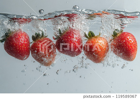 Fresh strawberries splashing into clear water, creating bubbles in a refreshing display 119589367
