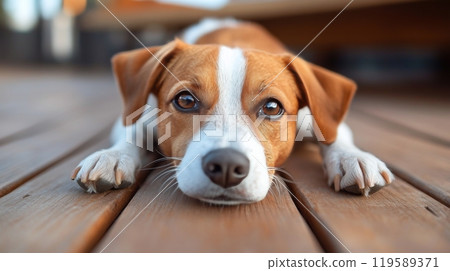 A relaxed brown and white dog rests on a wooden floor in a cozy indoor space during daytime 119589371