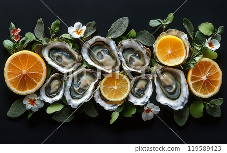 Fresh oysters with lemon slices arranged artistically on a dark background for culinary presentation 119589423