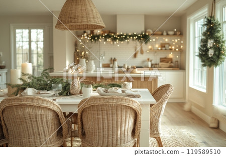 Elegant holiday dining setup in a cozy kitchen adorned with festive decorations Elegant holiday dining setup in a cozy kitchen adorned with festive decorations 119589510