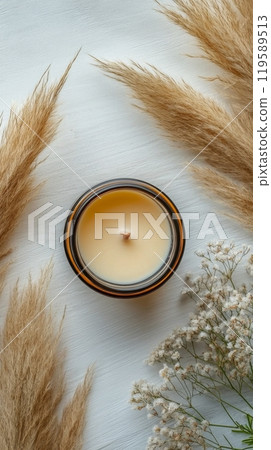 A serene moment with a glowing candle and dried flowers in a cozy indoor setting 119589513