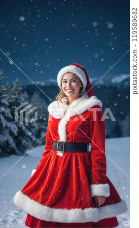 A cheerful woman in a Santa outfit smiles brightly, surrounded by softly falling snowflakes. 119589682