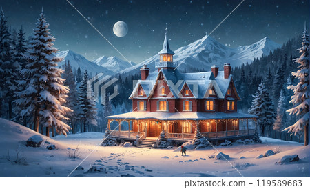 A grand Victorian house in a snowy mountain landscape, illuminated by moonlight and festive lights, creating a serene winter night. 119589683