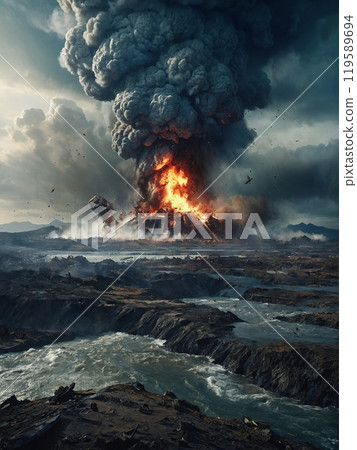 A massive explosion with towering smoke and debris in an urban landscape, depicting the aftermath of a catastrophic event. A massive explosion with towering smoke and debris in an urban landscape, depicting the aftermath of a catastrophic event. 119589694