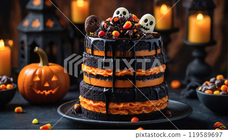 A towering Halloween cake adorned with spooky decorations and vibrant layers, perfect for a Halloween party centerpiece. 119589697