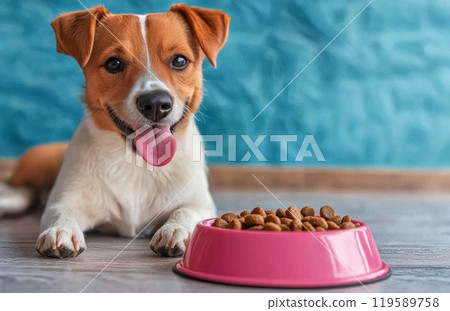 Happy dog sitting on the floor beside a pink bowl filled with dog food in a bright room 119589758