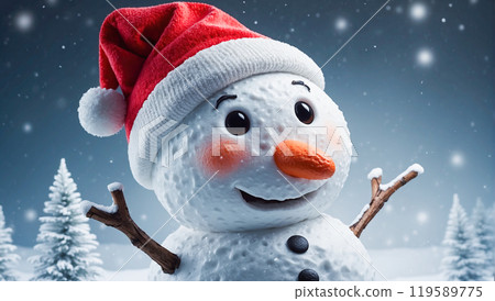 Jolly snowman wearing a red Santa hat and scarf, set against a snowy mountain landscape with a clear sky. 119589775