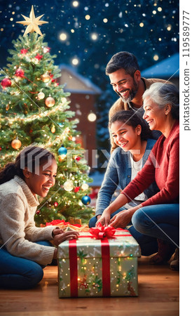 A family unwrapping a Christmas gift outdoors beside a beautifully decorated tree, capturing the magic of the holiday season under a starlit sky 119589777